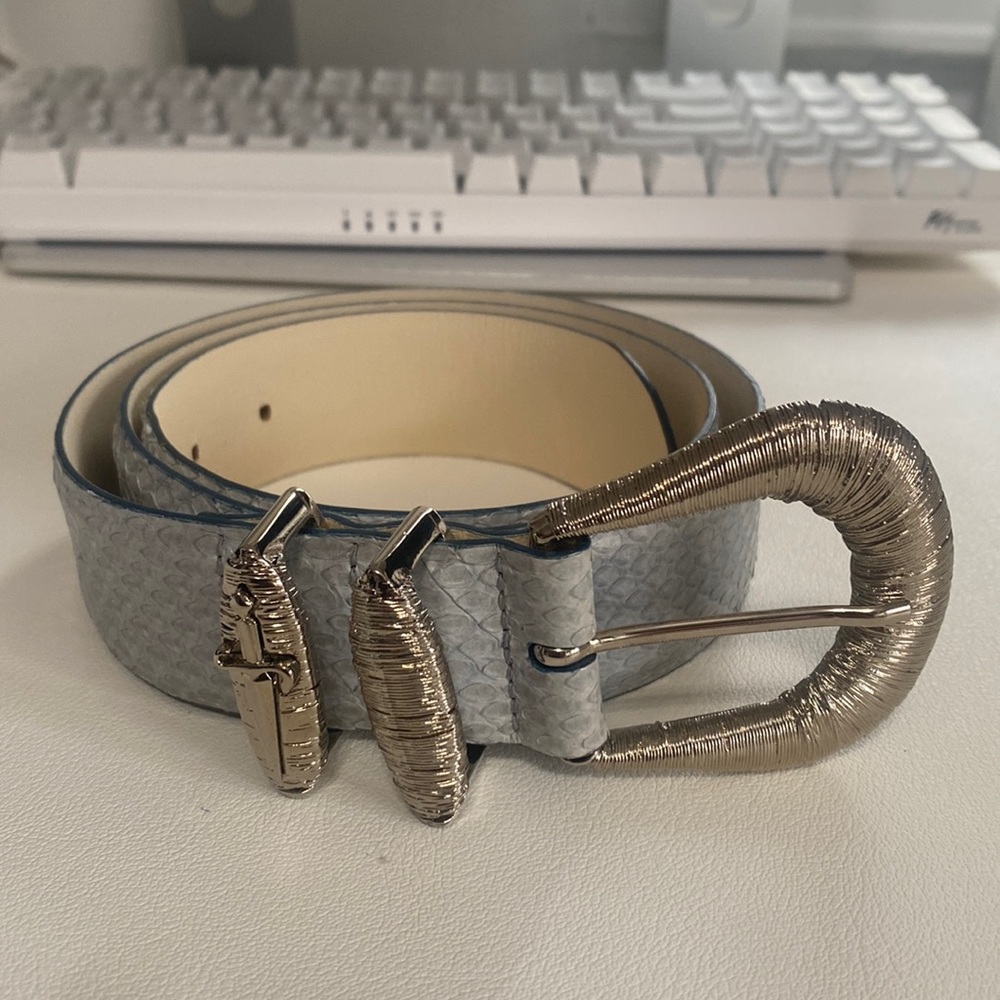 Cesare Paciotti light blue snakeskin belt.
